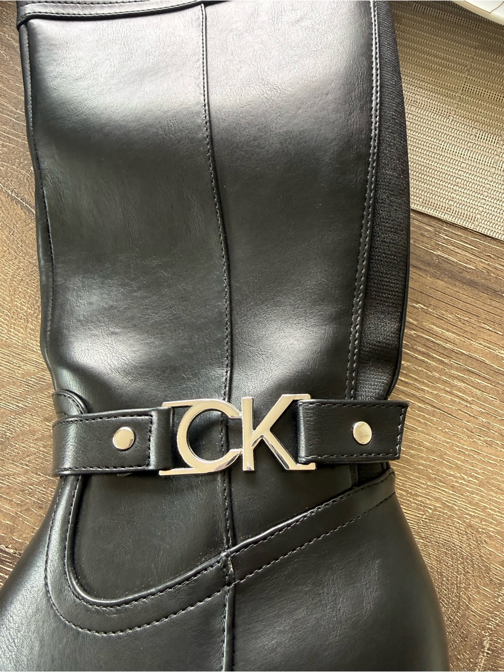 Calvin Klein Black Leather Tall Boots with Silver CK Logo Strap